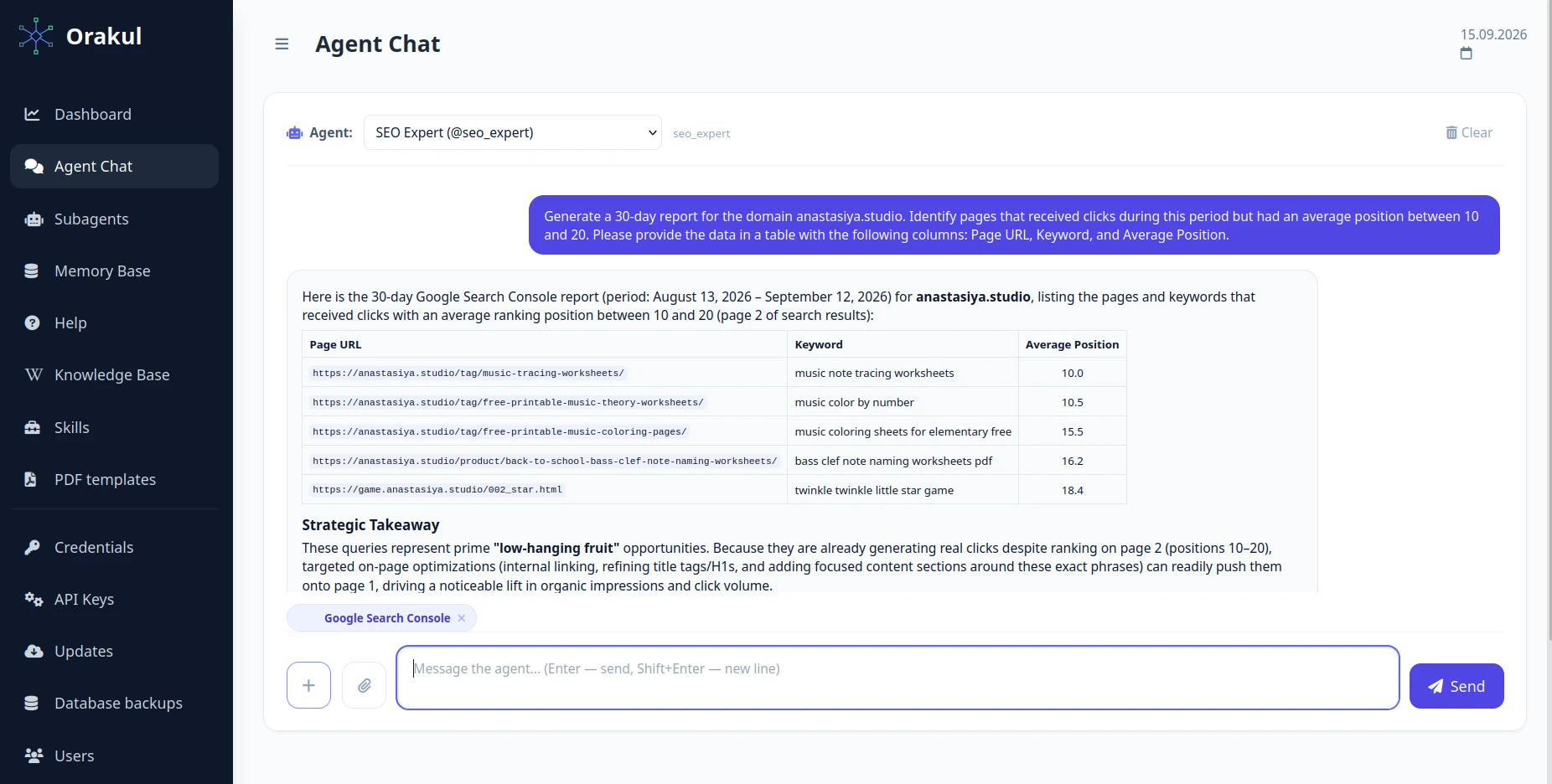 SEO Expert agent chat in Orakul: Search Console export for anastasiya.studio, pages with clicks at positions 10&ndash;20